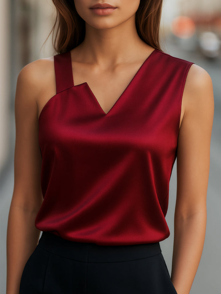 Burgundy Satin Sleeveless Blouse with Asymmetrical Neckline