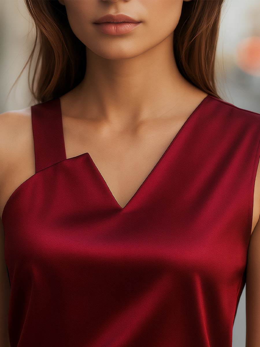 Burgundy Satin Sleeveless Blouse with Asymmetrical Neckline