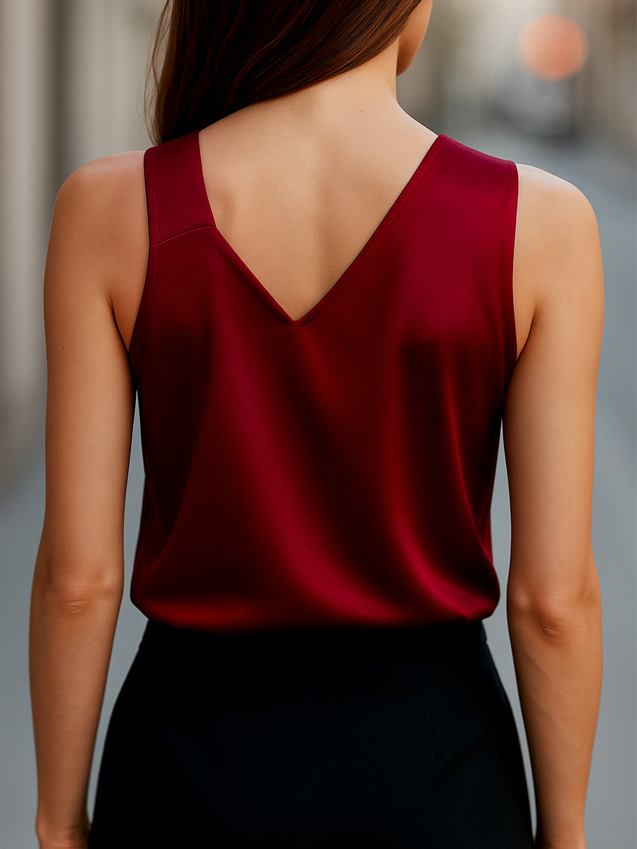 Burgundy Satin Sleeveless Blouse with Asymmetrical Neckline