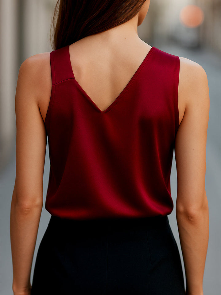 Burgundy Satin Sleeveless Blouse with Asymmetrical Neckline